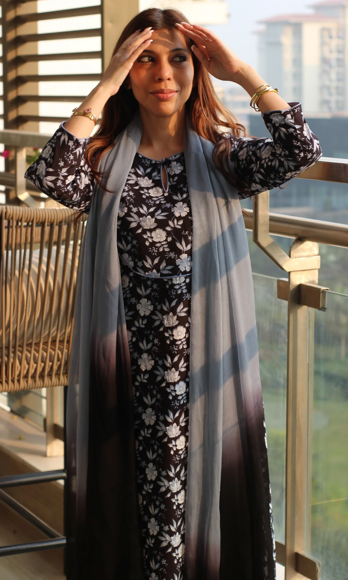 Midnight Smoke Flora Cotton Kurta , Pant & Ombré Chiffon Dupatta - Image 2