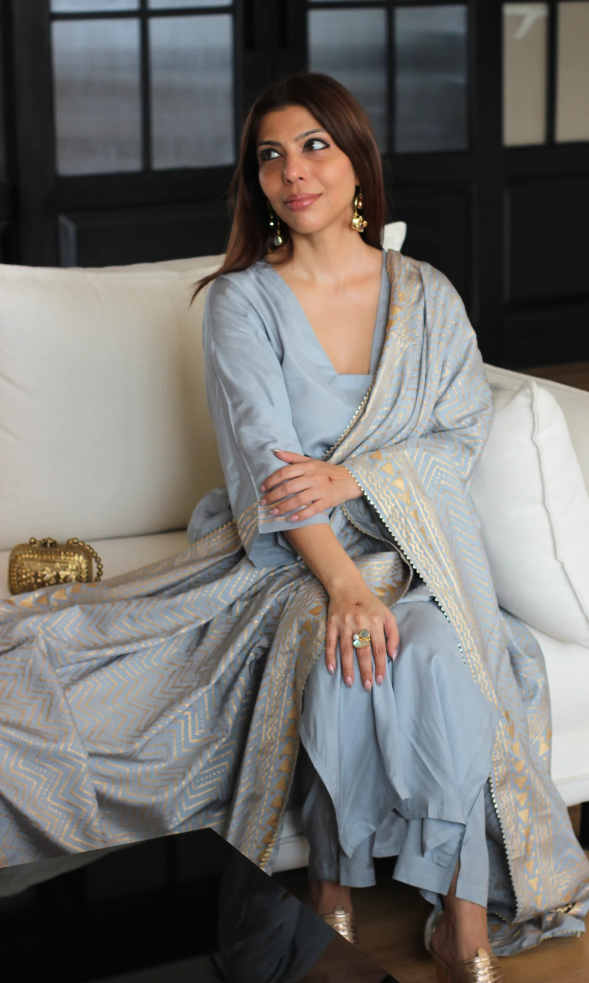 Mist Blue Feroza Muslin Silk Suit with Handpainted Dupatta - Image 6