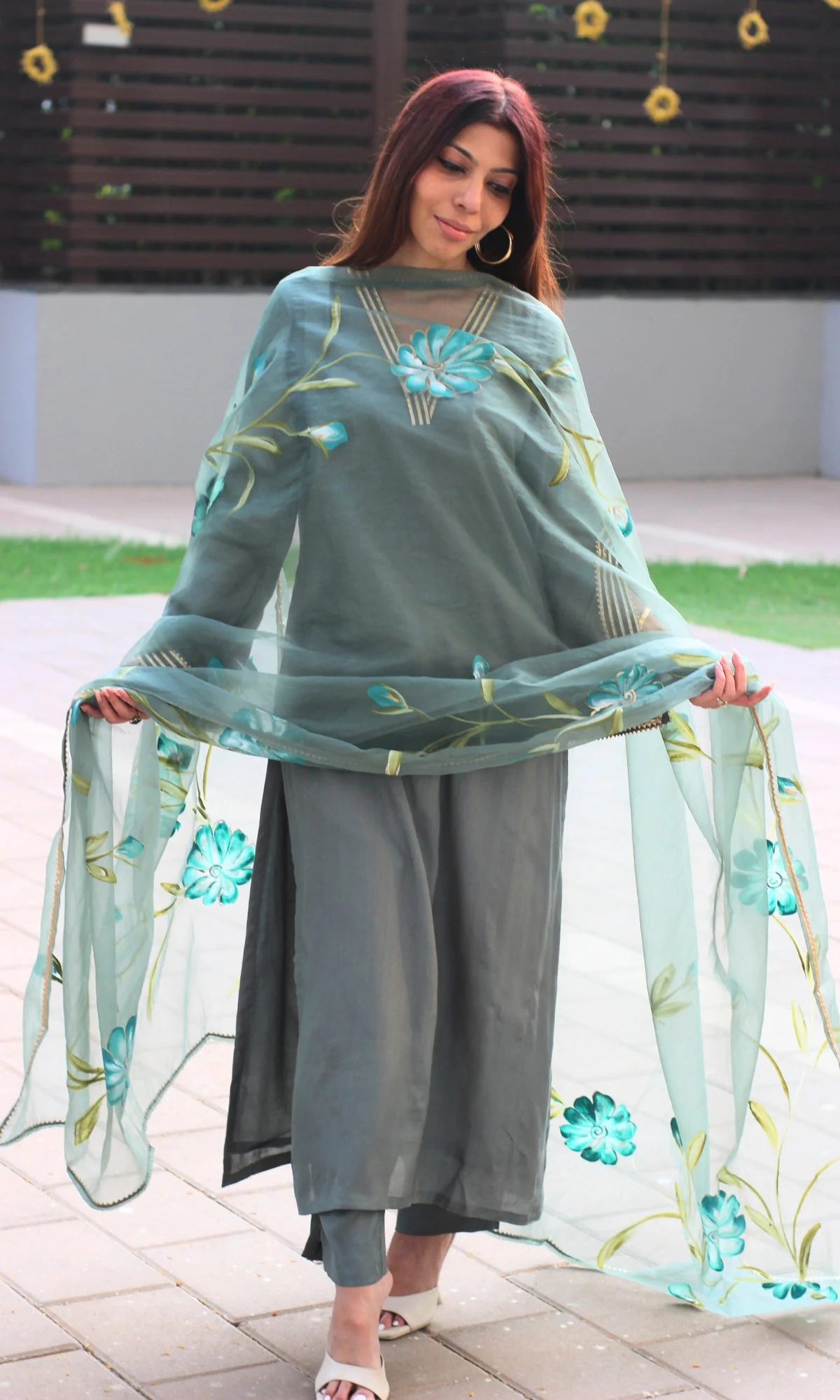 Muslin Silk Pistachio Slit Sleeves Suit with Organza Handpainted Dupatta - Image 3