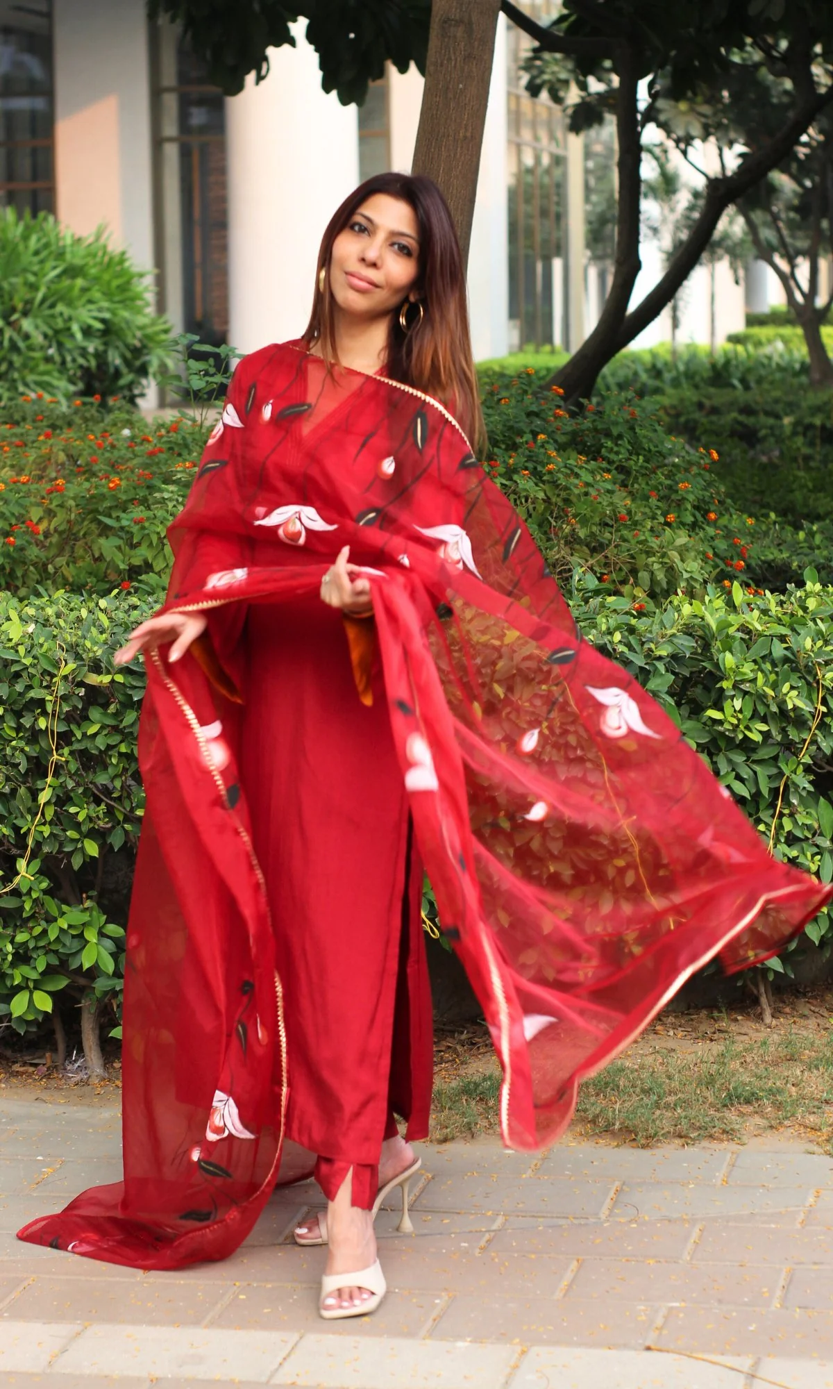 Muslin Silk Ruby Red Bell Sleeves Suit with Organza Handpainted Dupatta - Image 2