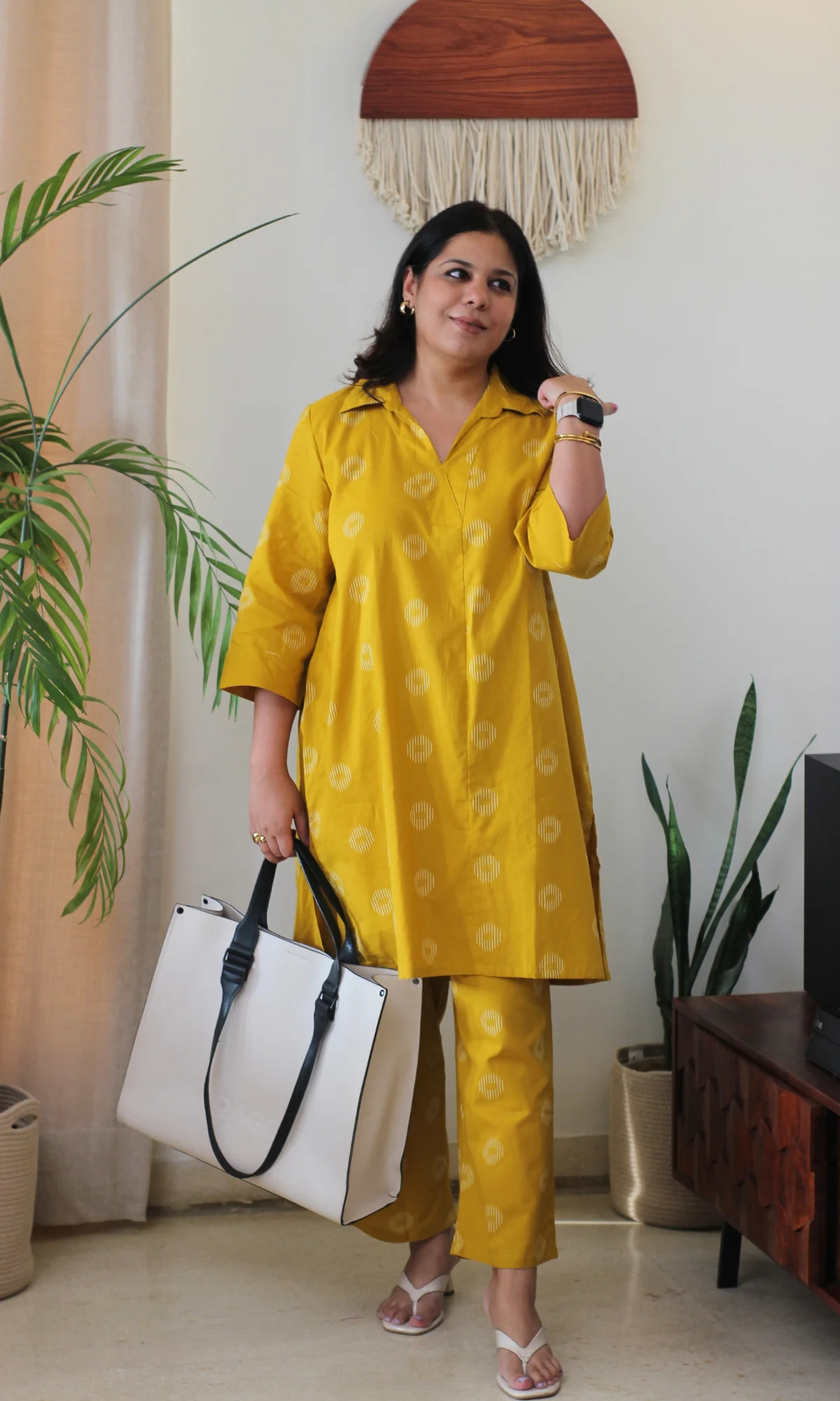 Mustard Yellow Cotton Dobby Collard Co-ord - Image 3