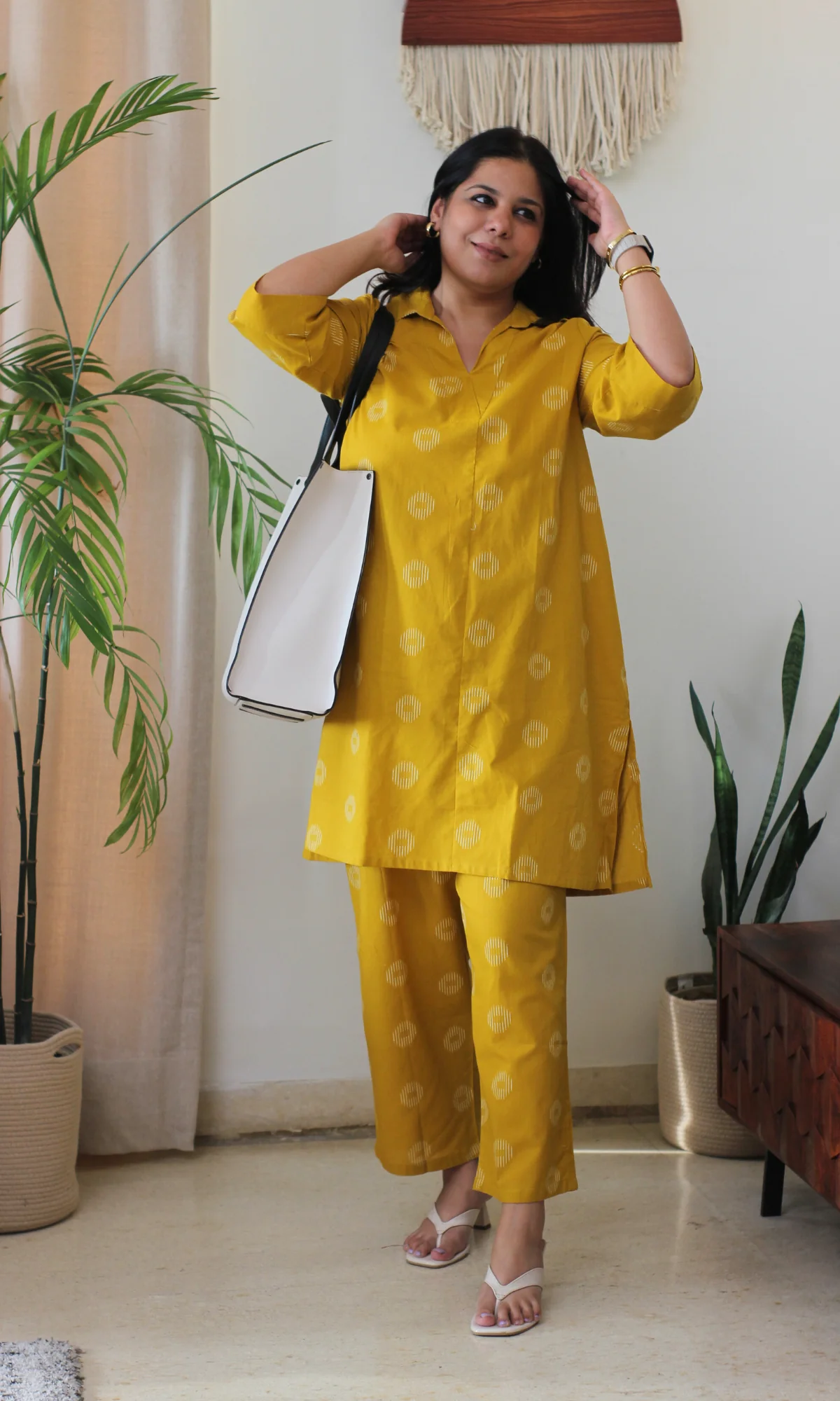 Mustard Yellow Cotton Dobby Collard Co-ord - Image 6