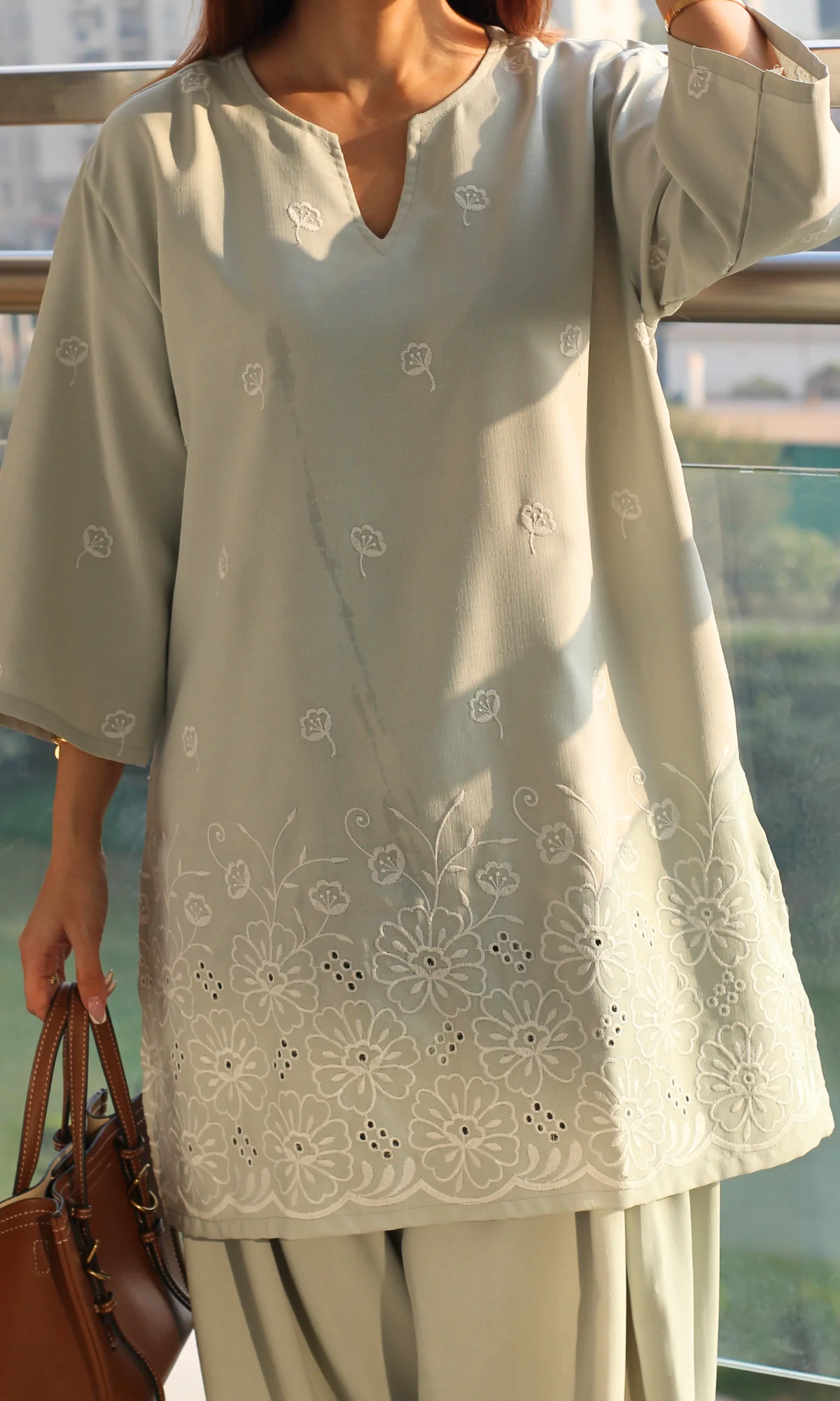 Muted Olive Embroidered Anti Fit Kurta & Farshi Salwaar - Image 5