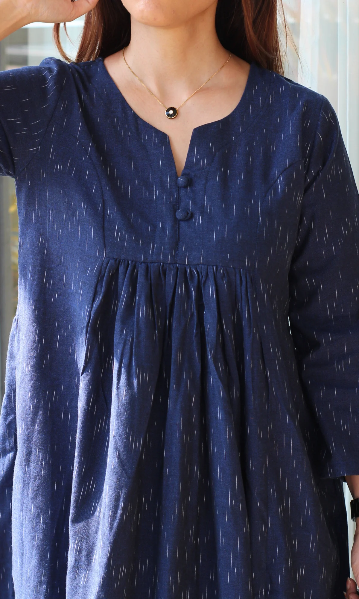 Navy Handloom Cotton Pleated Kurta with Cotton Pants - Image 2