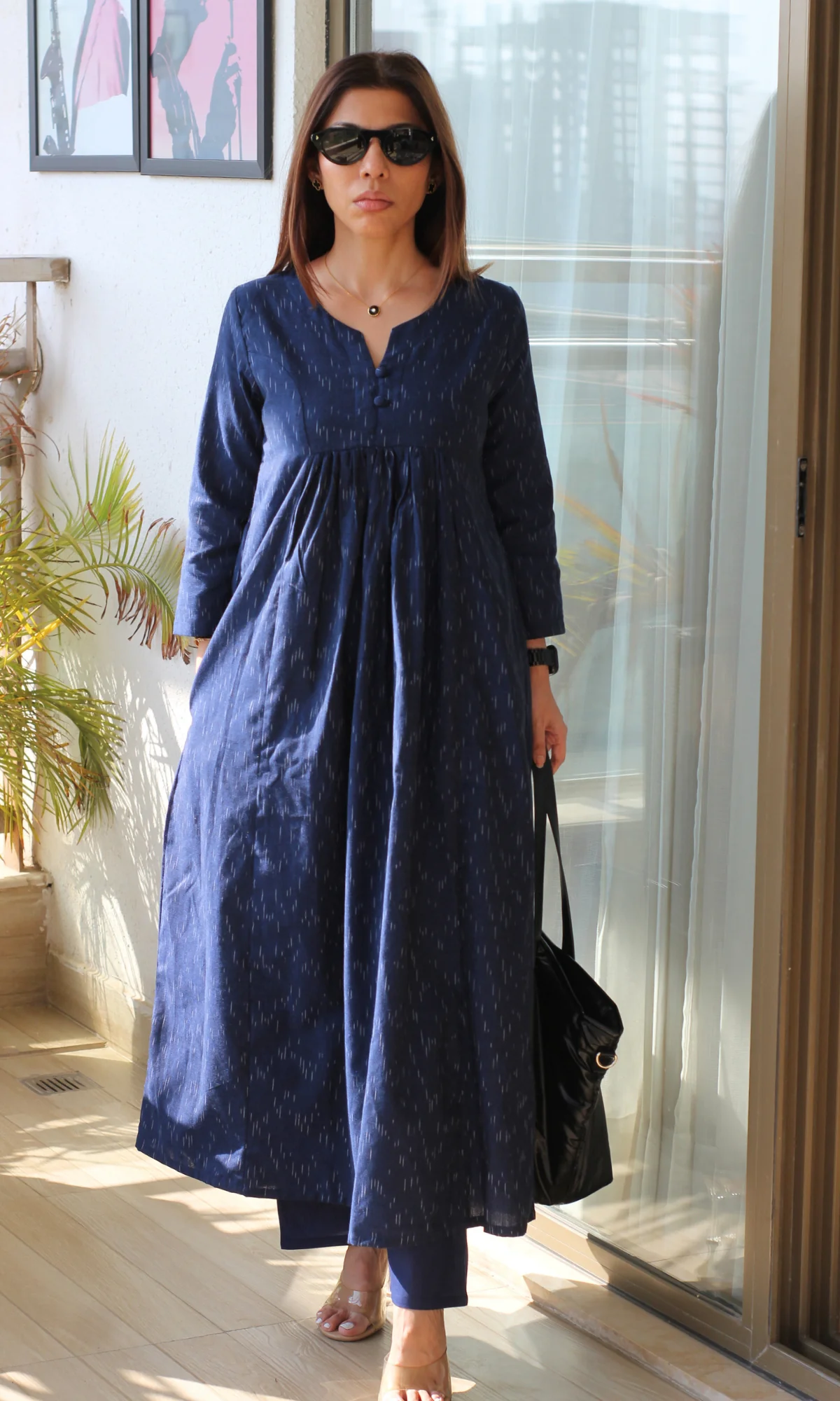 Navy Handloom Cotton Pleated Kurta with Cotton Pants - Image 3