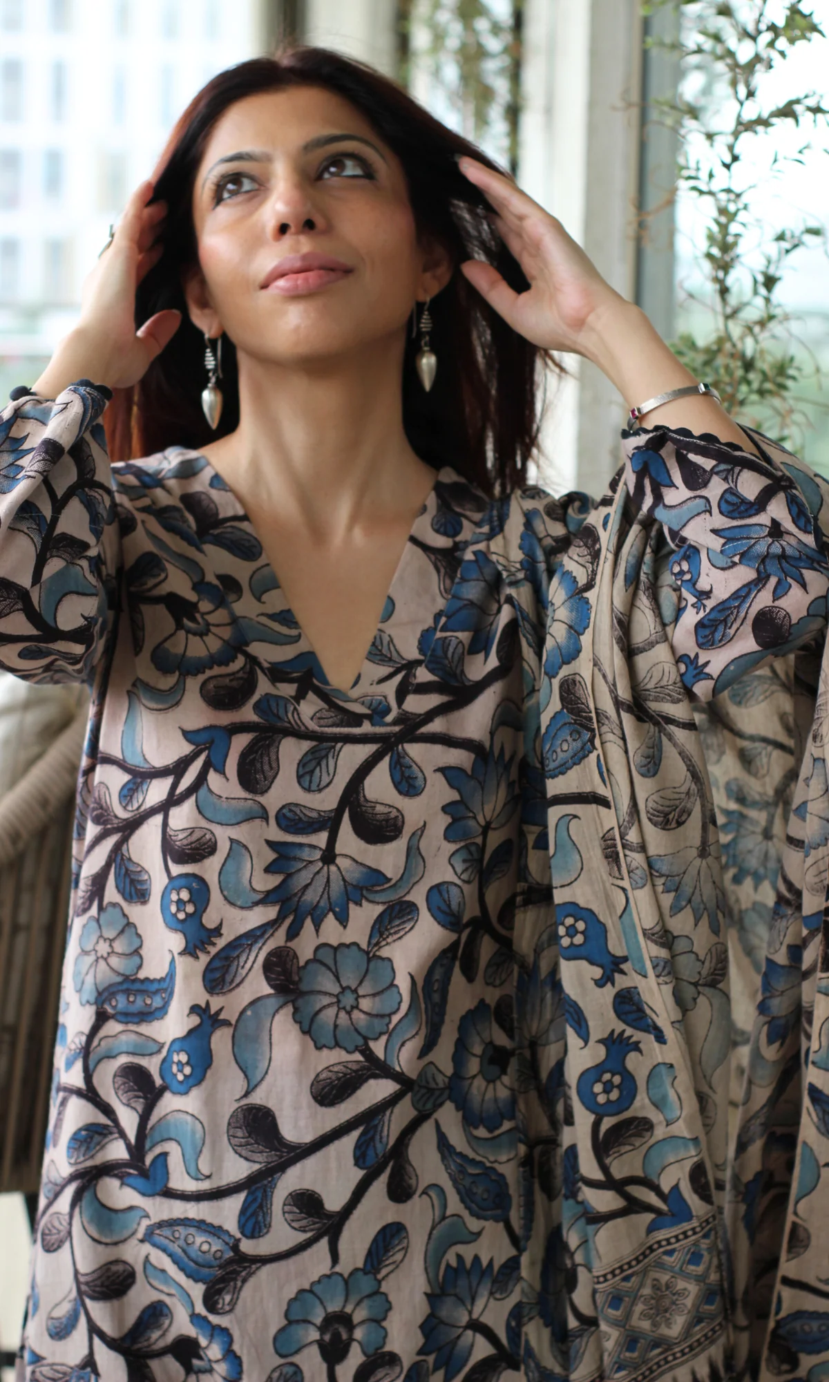 Noor Blue Handblock Kalamkari Kurta, Dupatta & Cotton Pants - Image 3