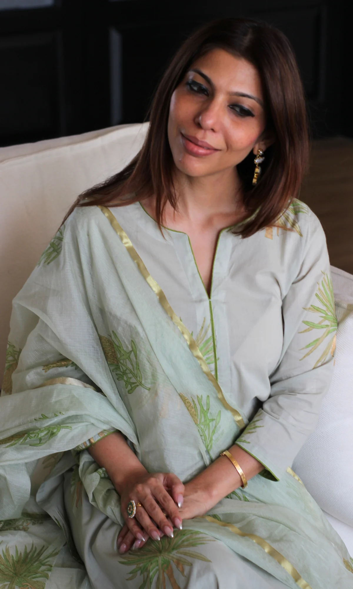 Noori Pista Handblock Mughal Gold Print Kurta, Kota Silk Dupatta & Cotton Pants - Image 4