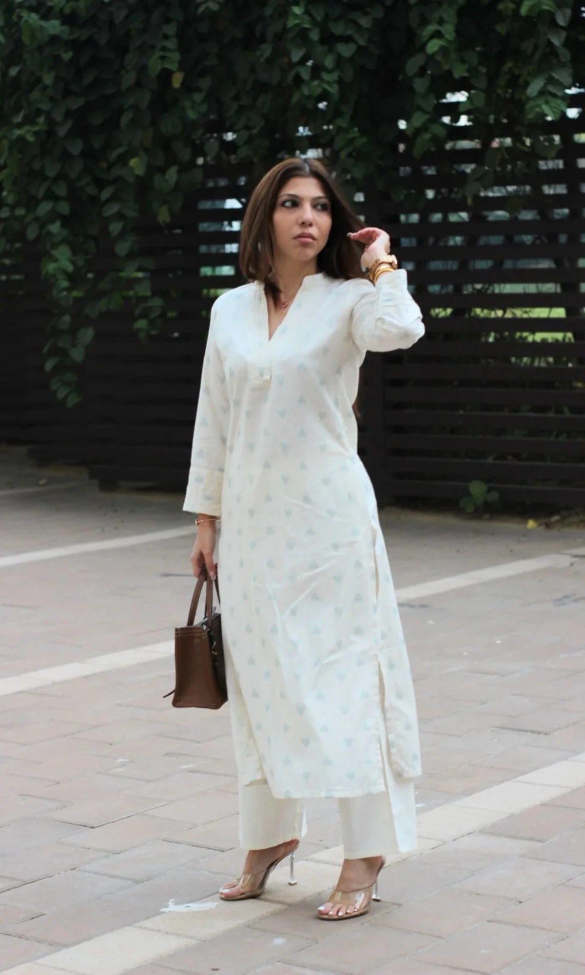 Oat Milk Cotton Dobby Pintex Collard Kurta with Pants - Image 4