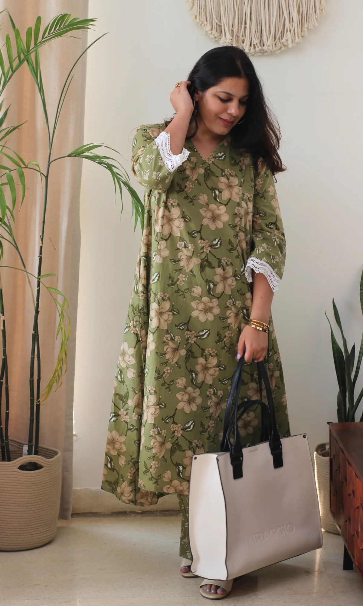 Olive Floral High Low Kurta with Palazzo - Image 4