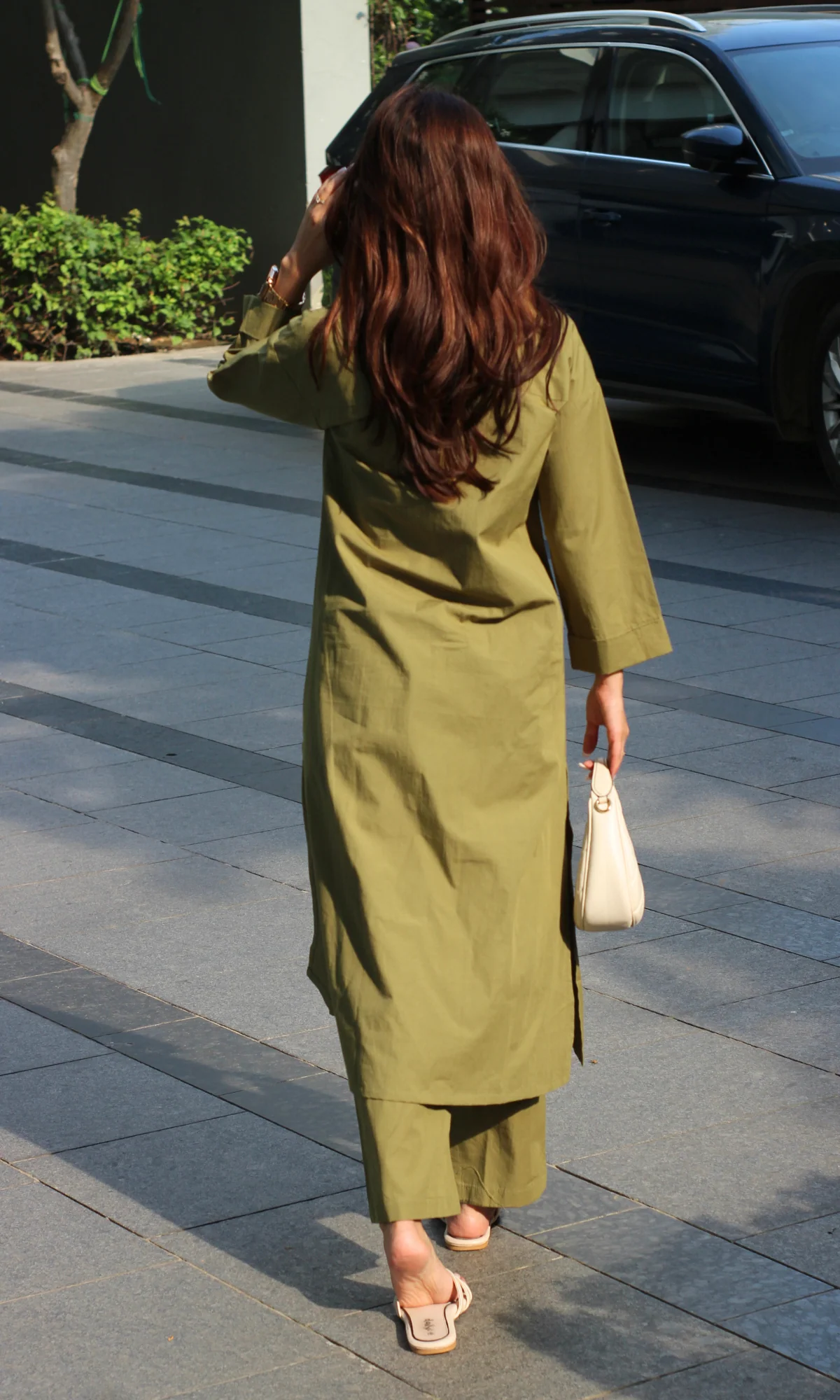 Olive Poplin Shirt Style Long Kurta & Pant - Image 3