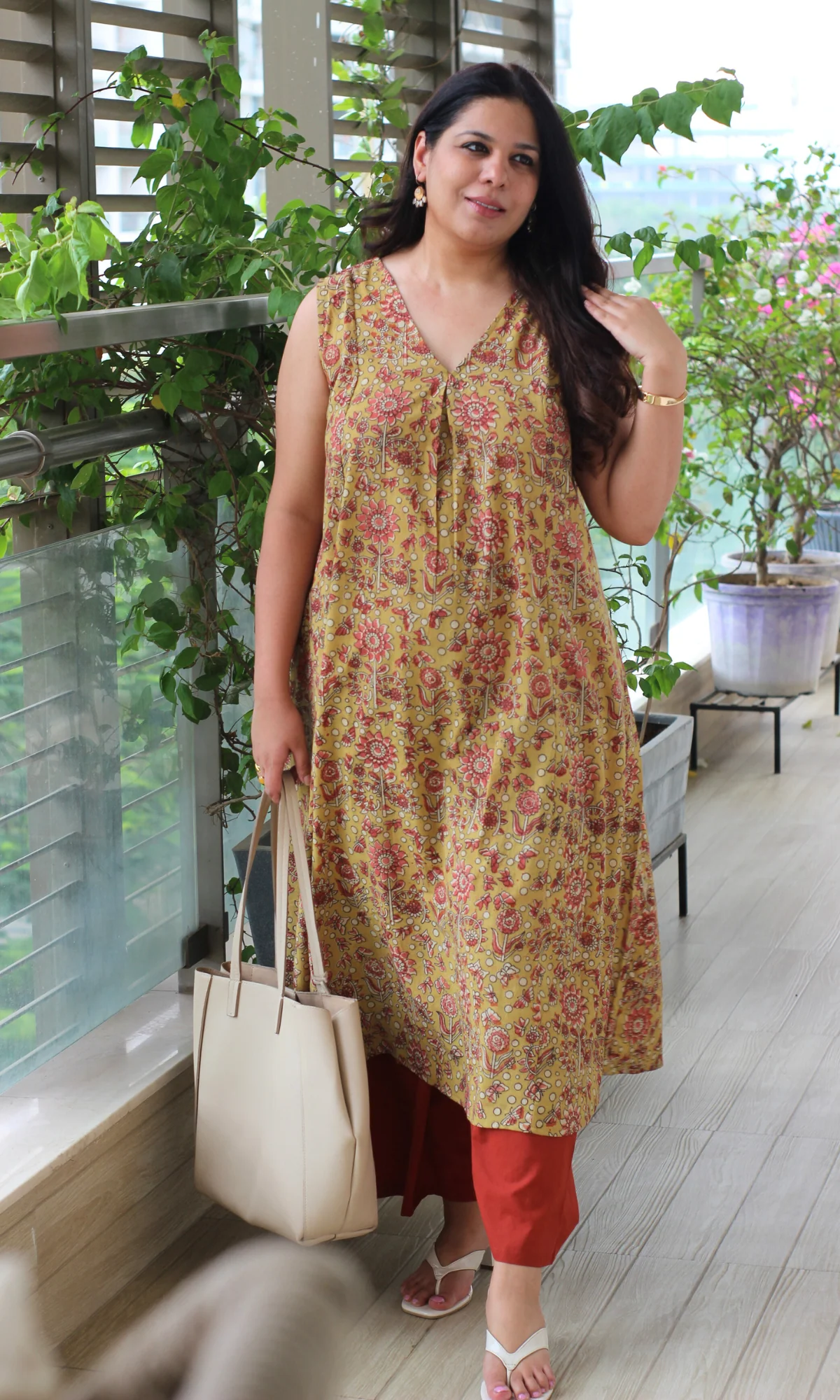 Pale Yellow Handblock Kalamkari Pleated Kurta & Cotton Pants - Image 2