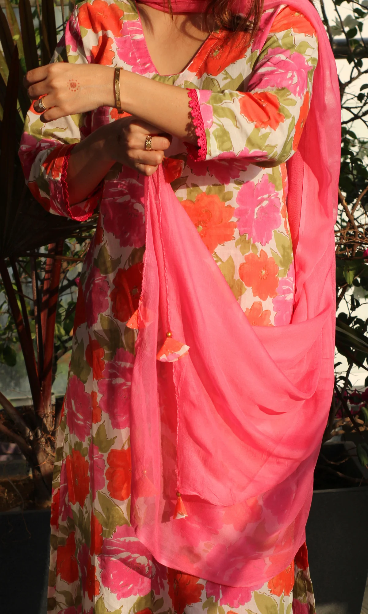 Pink Orchard Printed Kurta, Cotton Pants and Chiffon Dupatta with Tassels - Image 4