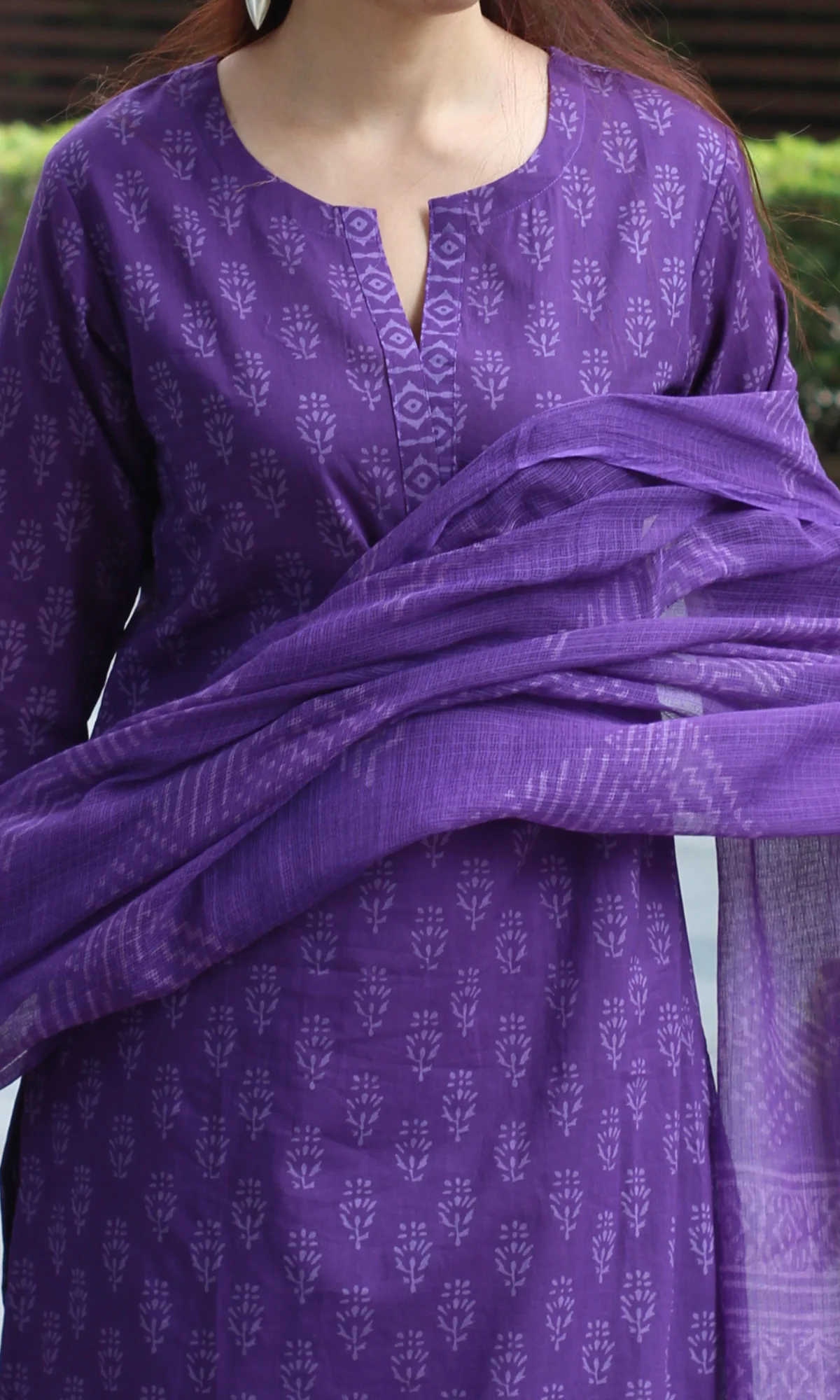 Purple Cotton Hand Block Print Kurta , Kota Doria Printed Dupatta & Cotton Pant - Image 4
