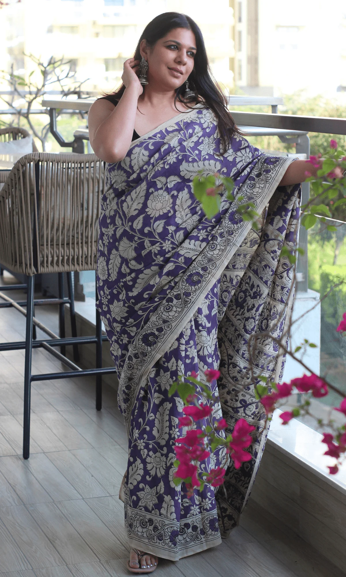 Purple Handblock Kalamkari Silk Saree - Image 3