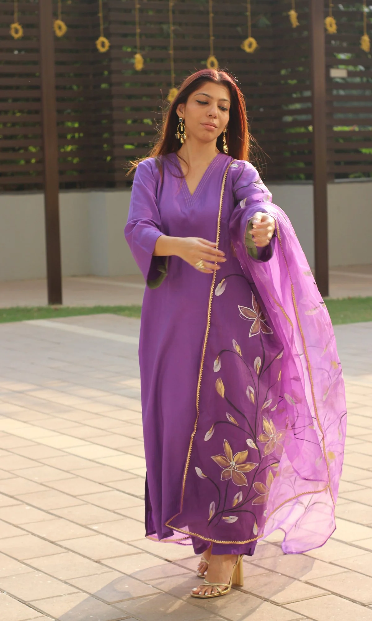 Purple Muslin Silk Bell Sleeves Kurta with Pants and Organza Handbrush Painted Dupatta - Image 4