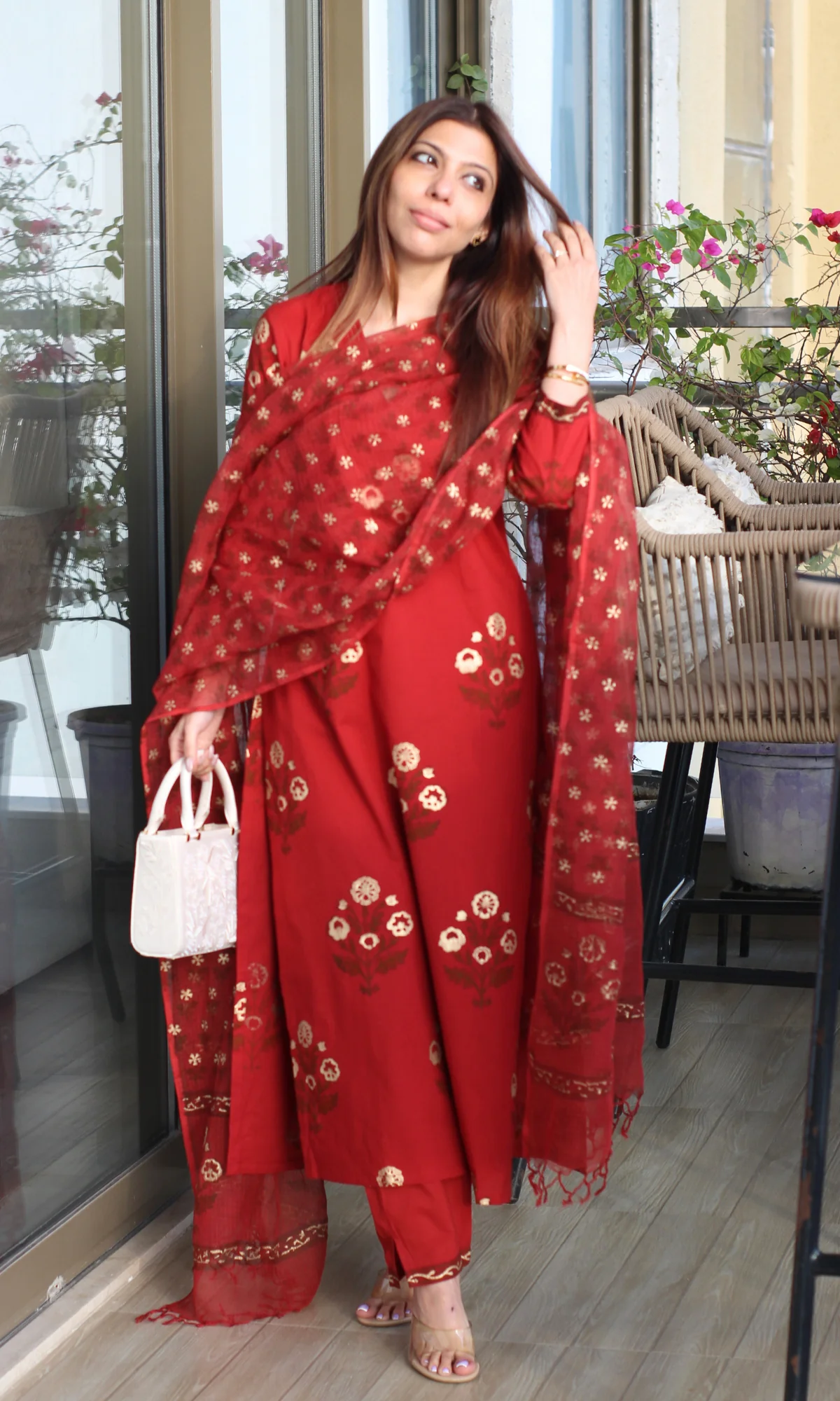 Red Rangreza Gold Handblock Mughal Print Kurta, Cotton Pants & Kota Doria Dupatta - Image 2