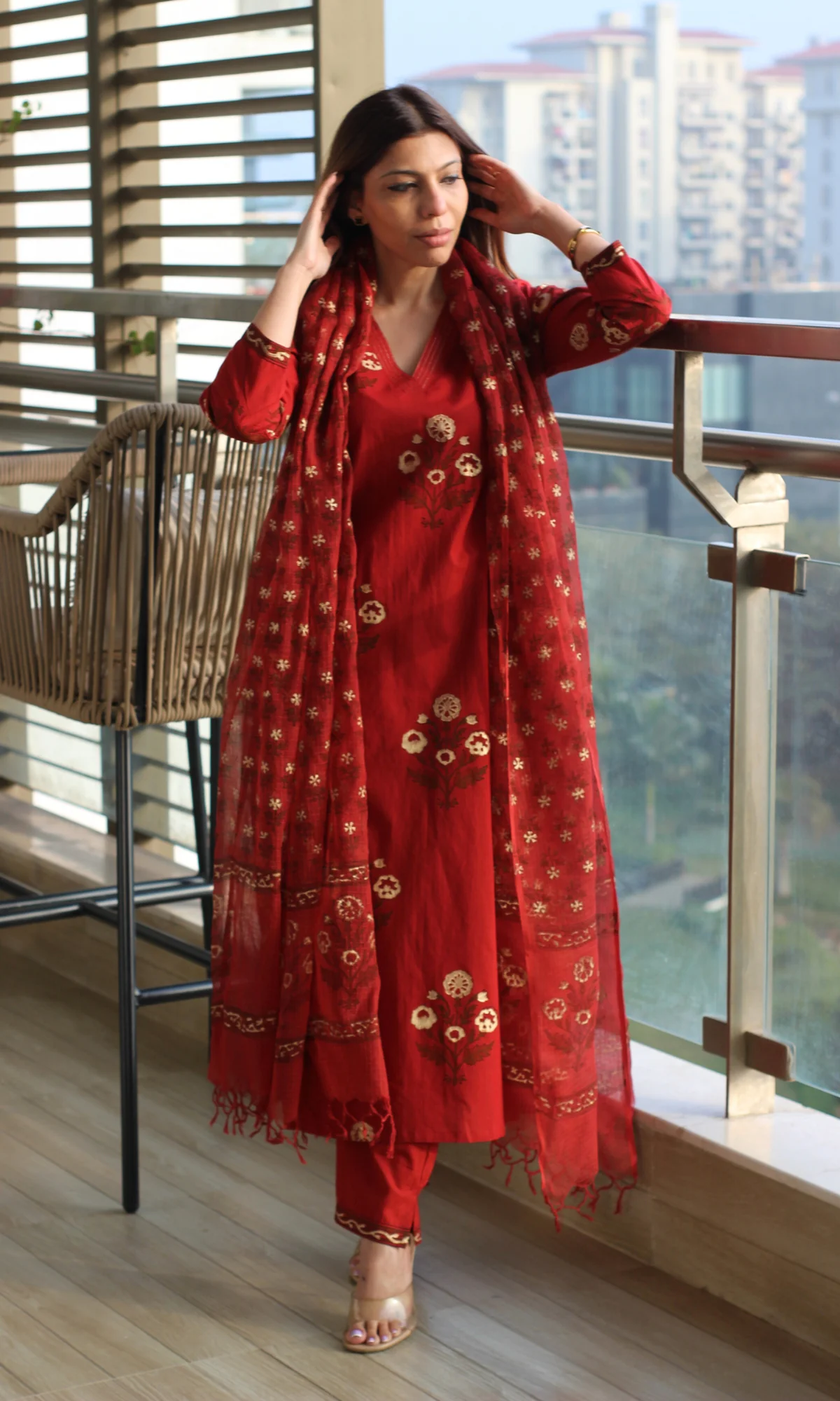 Red Rangreza Gold Handblock Mughal Print Kurta, Cotton Pants & Kota Doria Dupatta - Image 4