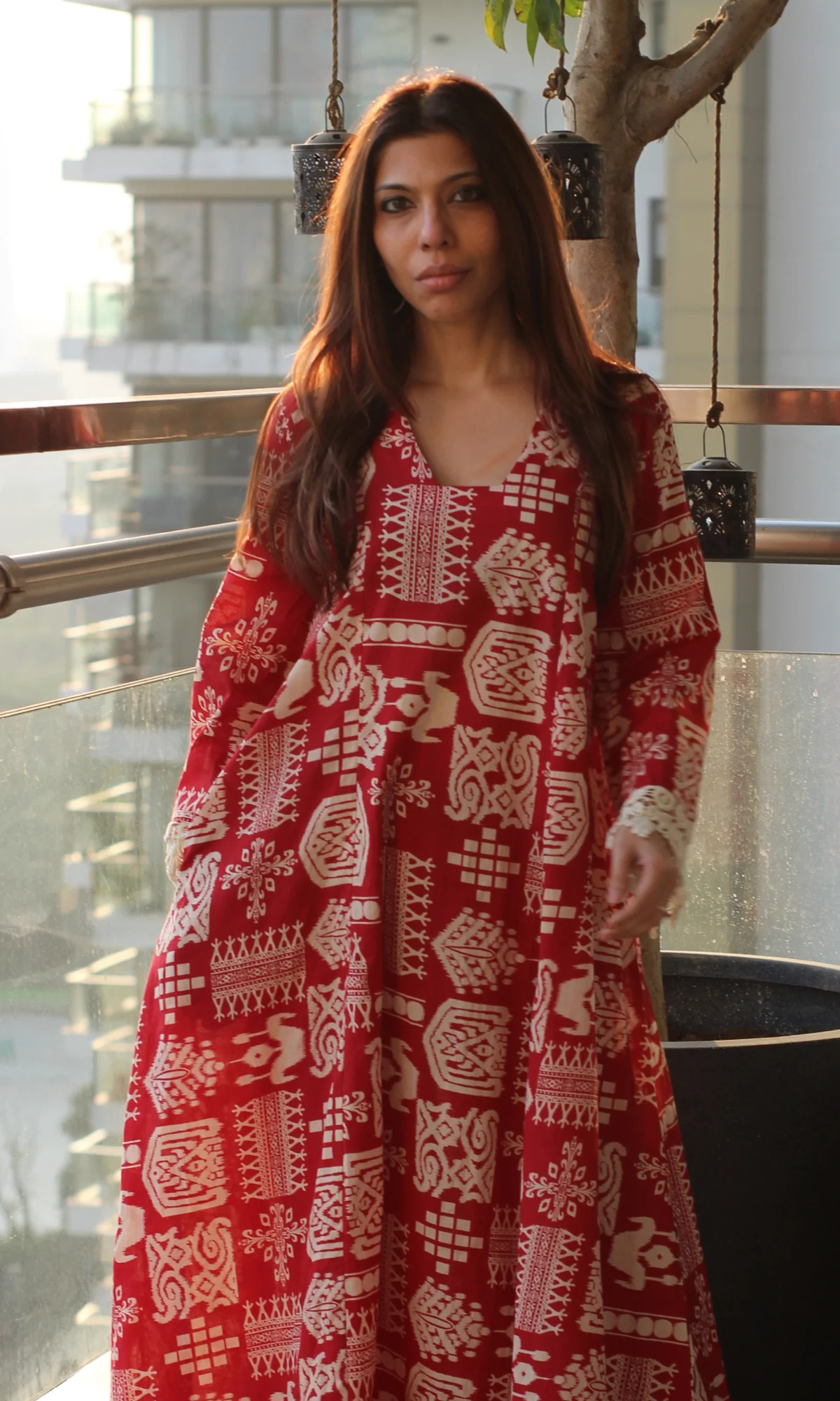 Red Tribal Printed High Low Cotton Kurta with Pants - Image 4