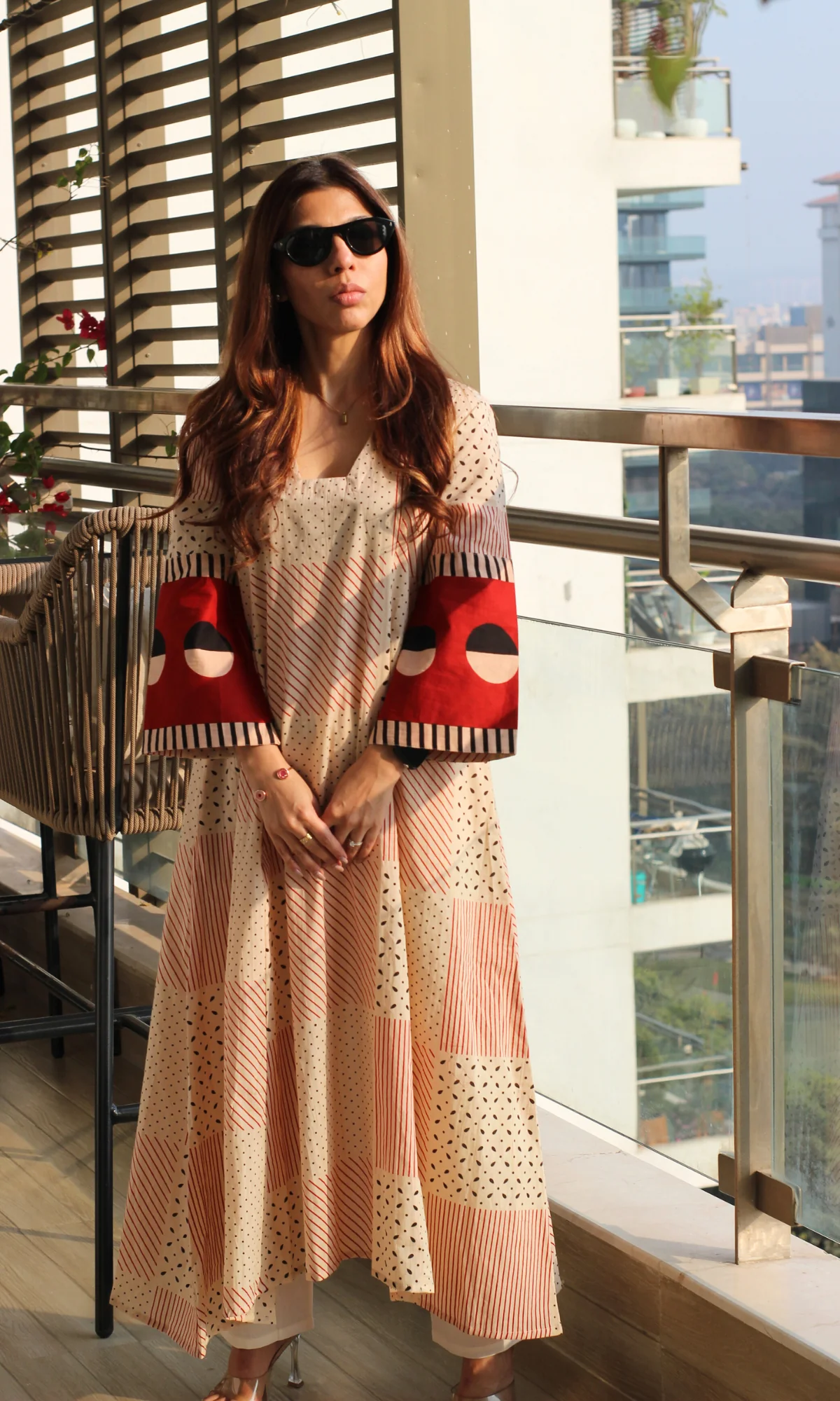 Reya Red Geometric Print Kali Kurta & Cotton Pants - Image 4