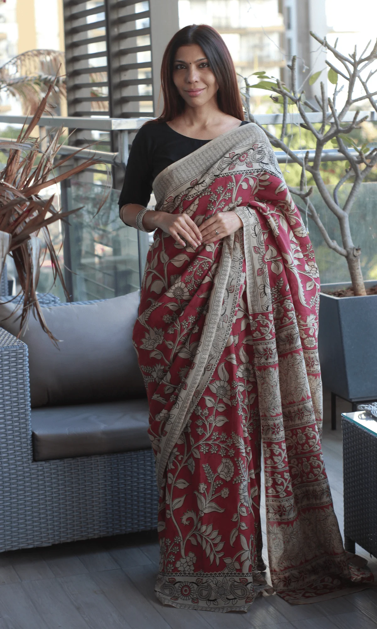 Rose Pink Handblock Kalamkari Silk Saree - Image 3