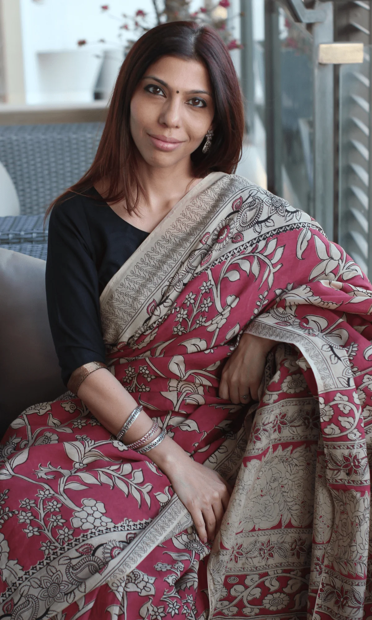 Rose Pink Handblock Kalamkari Silk Saree - Image 5
