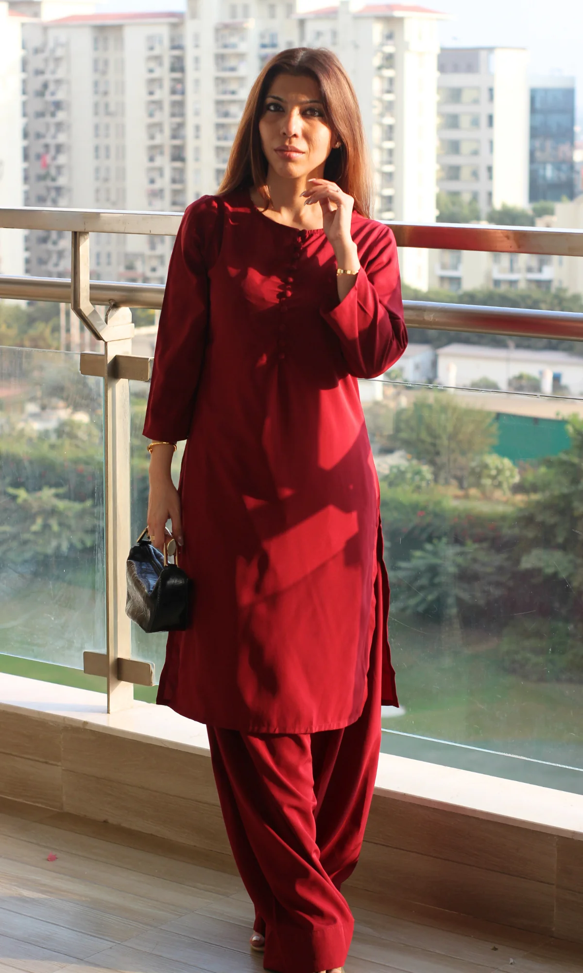 Ruby Glossy Boat Neck Buttoned Kurta with Farshi Salwaar - Image 2