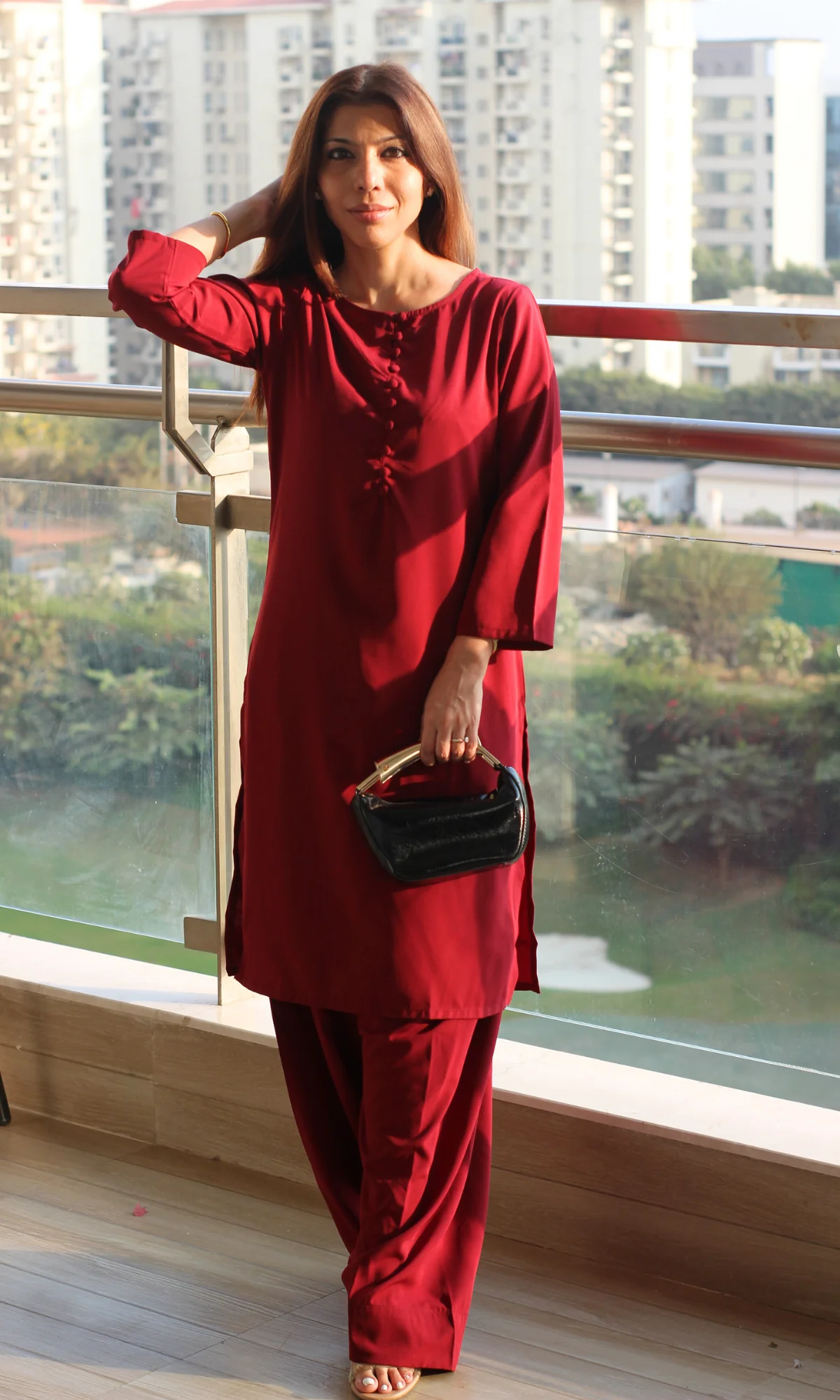 Ruby Glossy Boat Neck Buttoned Kurta with Farshi Salwaar - Image 3