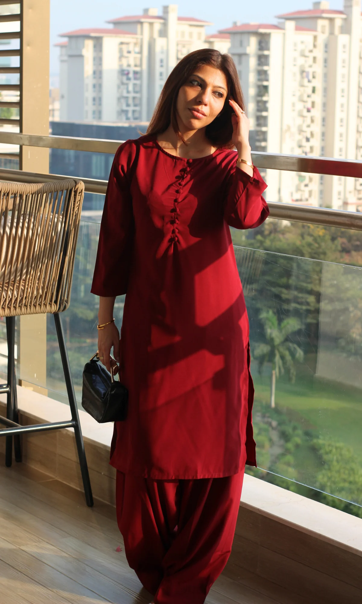 Ruby Glossy Boat Neck Buttoned Kurta with Farshi Salwaar - Image 4