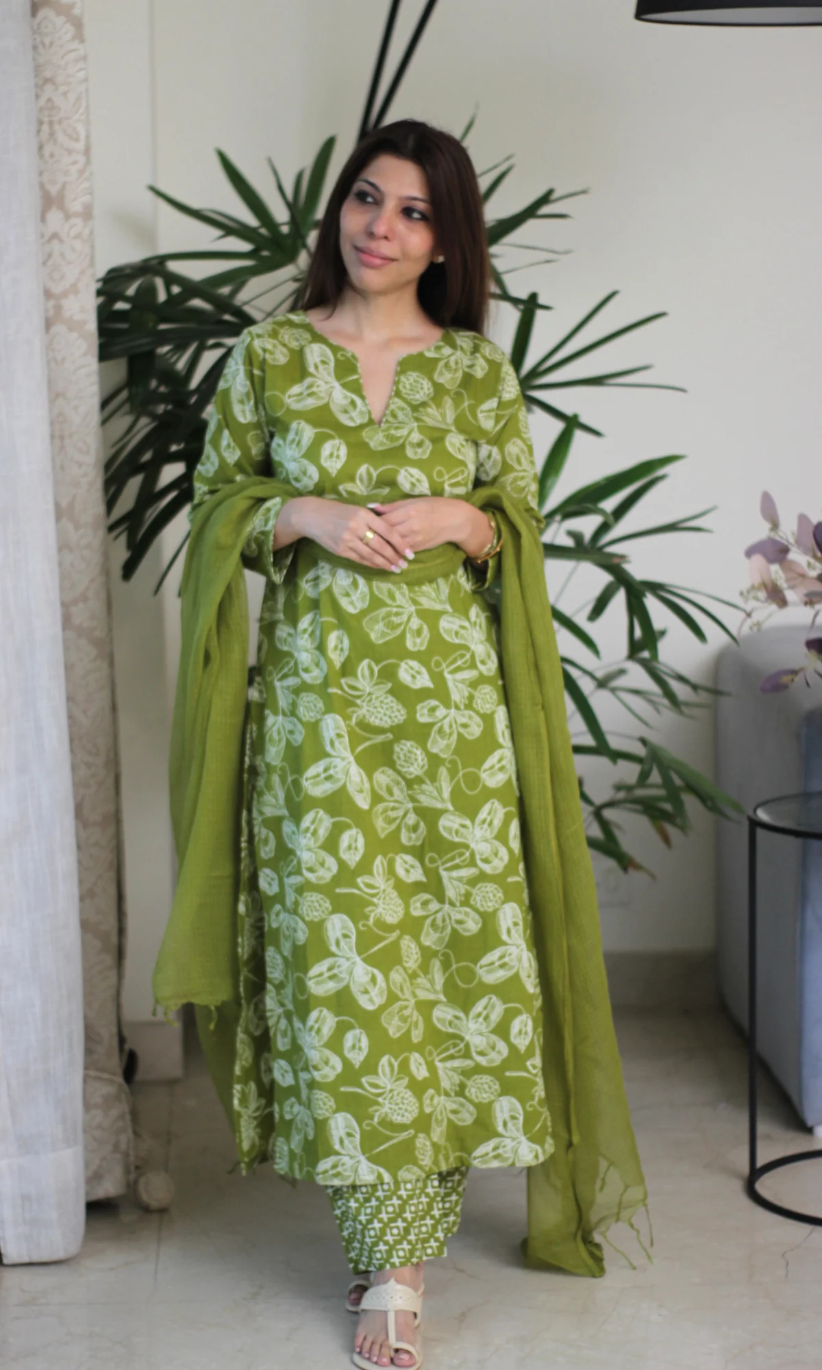 Sage Green Printed Kurta, Pant & Kota Doria Dupatta - Image 4