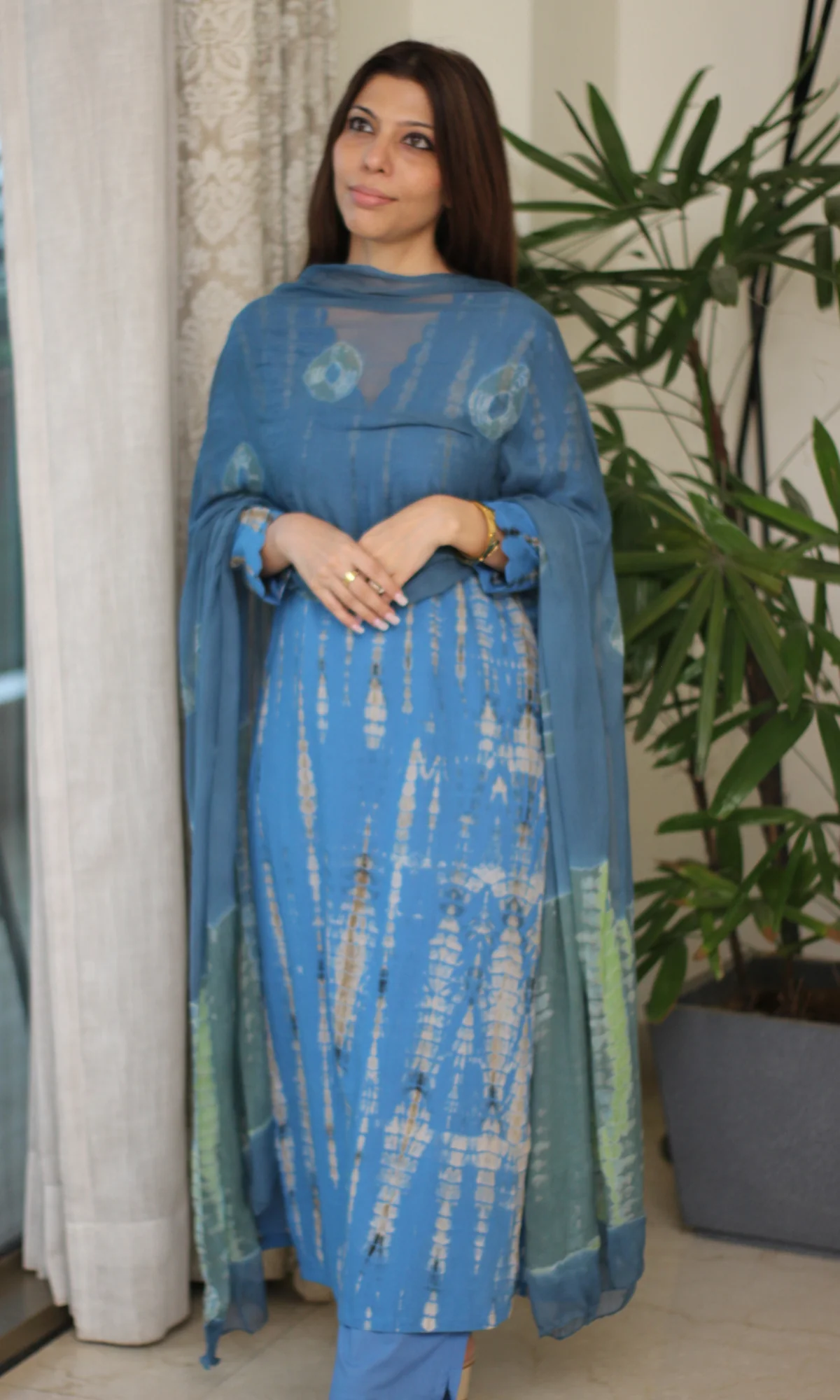 Sea Blue Tie & Dye Kurta, Cotton Pants and Printed Chiffon Dupatta - Image 4