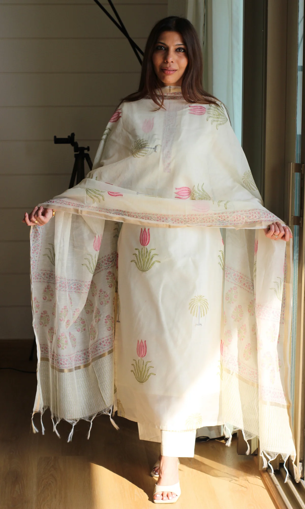 Seher Chanderi Silk Handblock Printed Kurta , Dupatta & Cotton Pants - Image 4