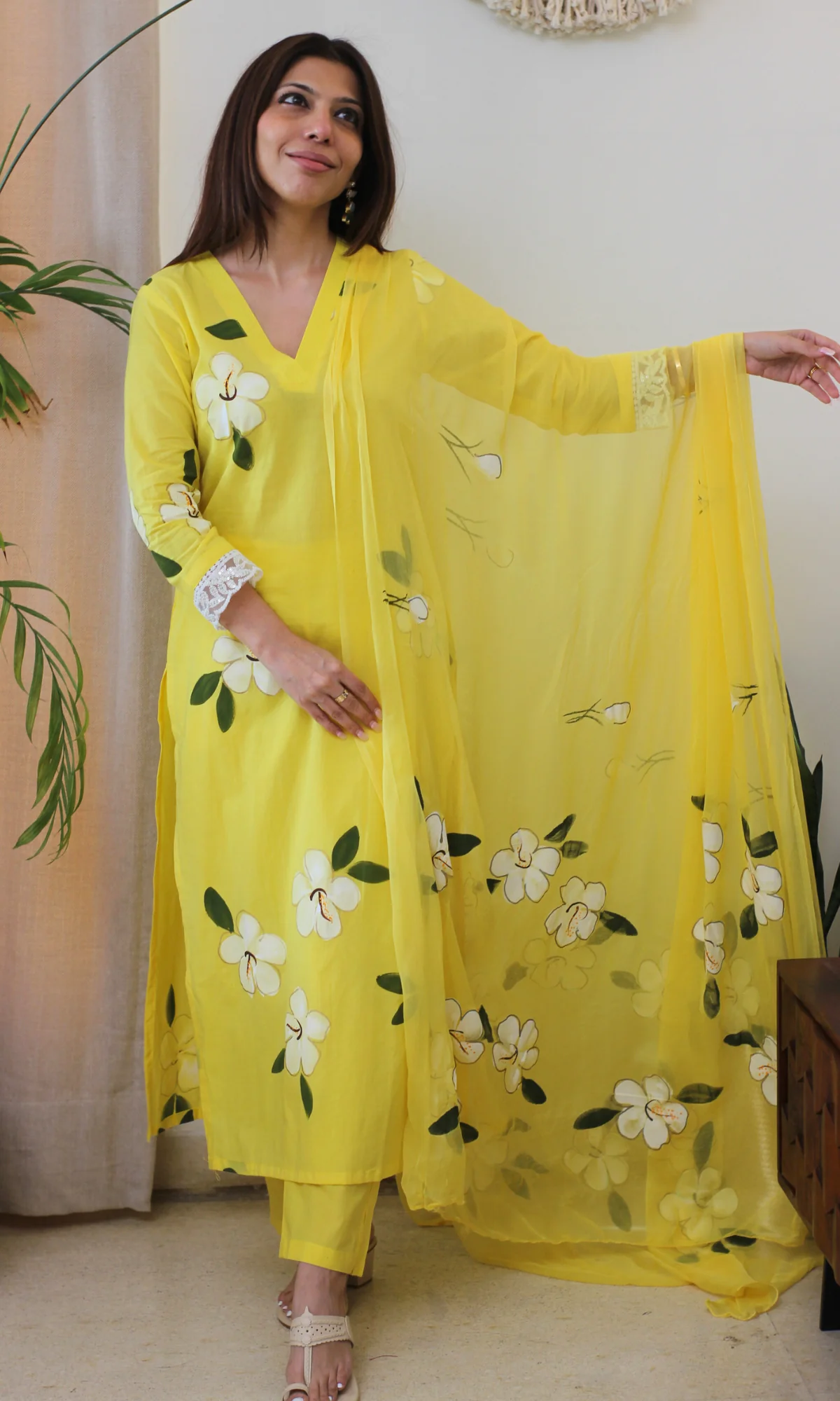 Sunshine Flora Handbrush Painted Kurta, Cotton Pants & Chiffon Handpainted Dupatta - Image 2