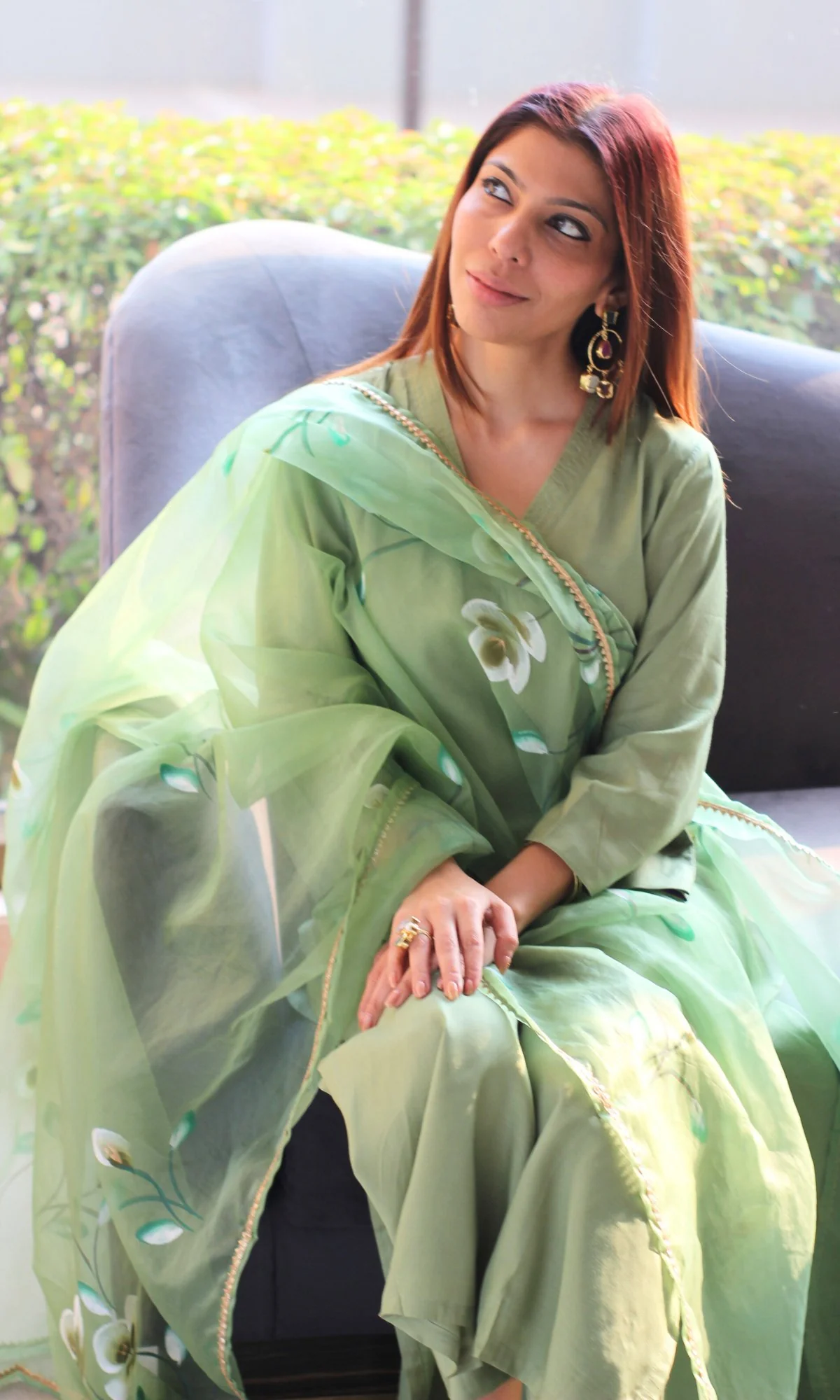 Tea Green Muslin Silk Bell Sleeves Kurta with Pants & Organza Handpainted Dupatta - Image 6