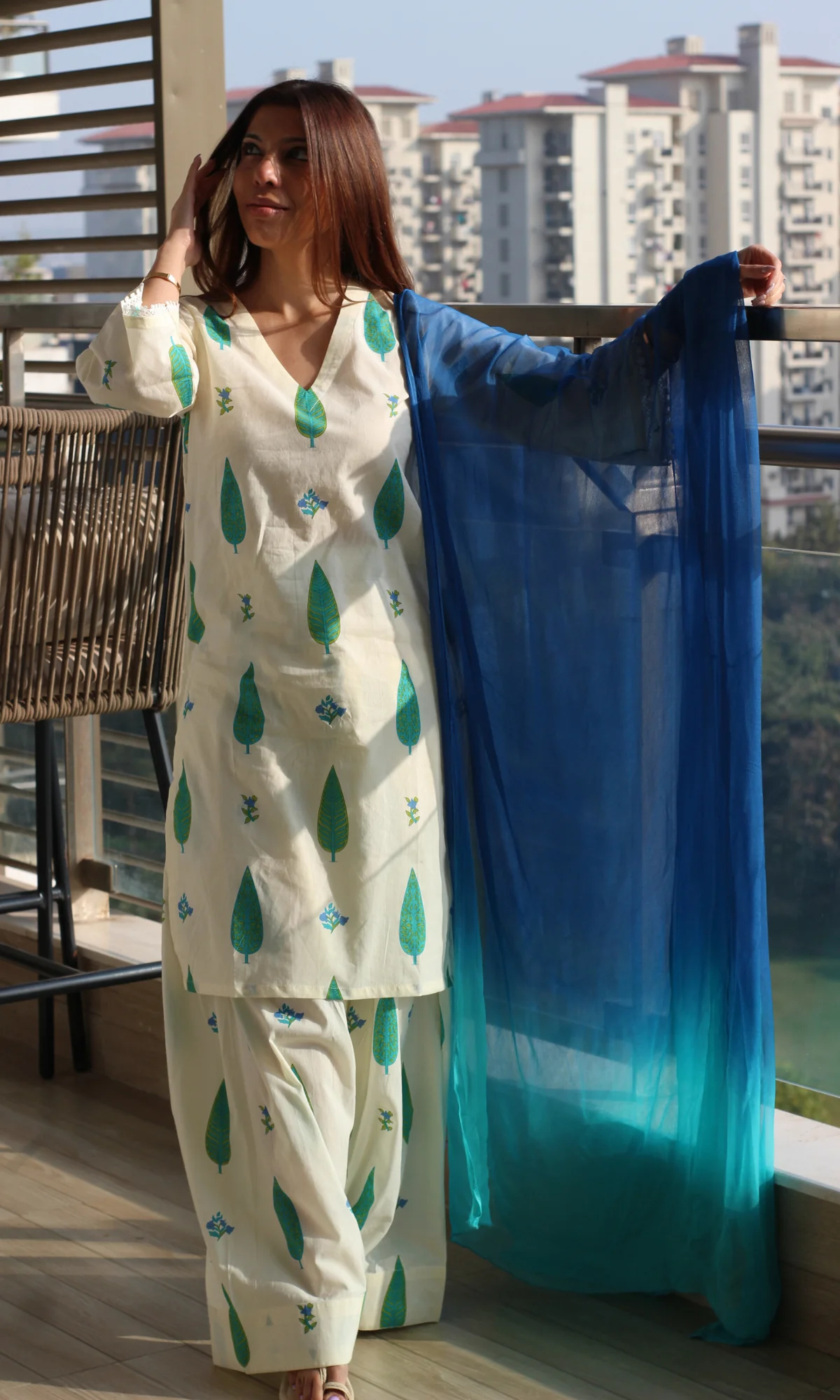 Teal Patra Cotton Farshi Suit with Chiffon Dupatta - Image 5
