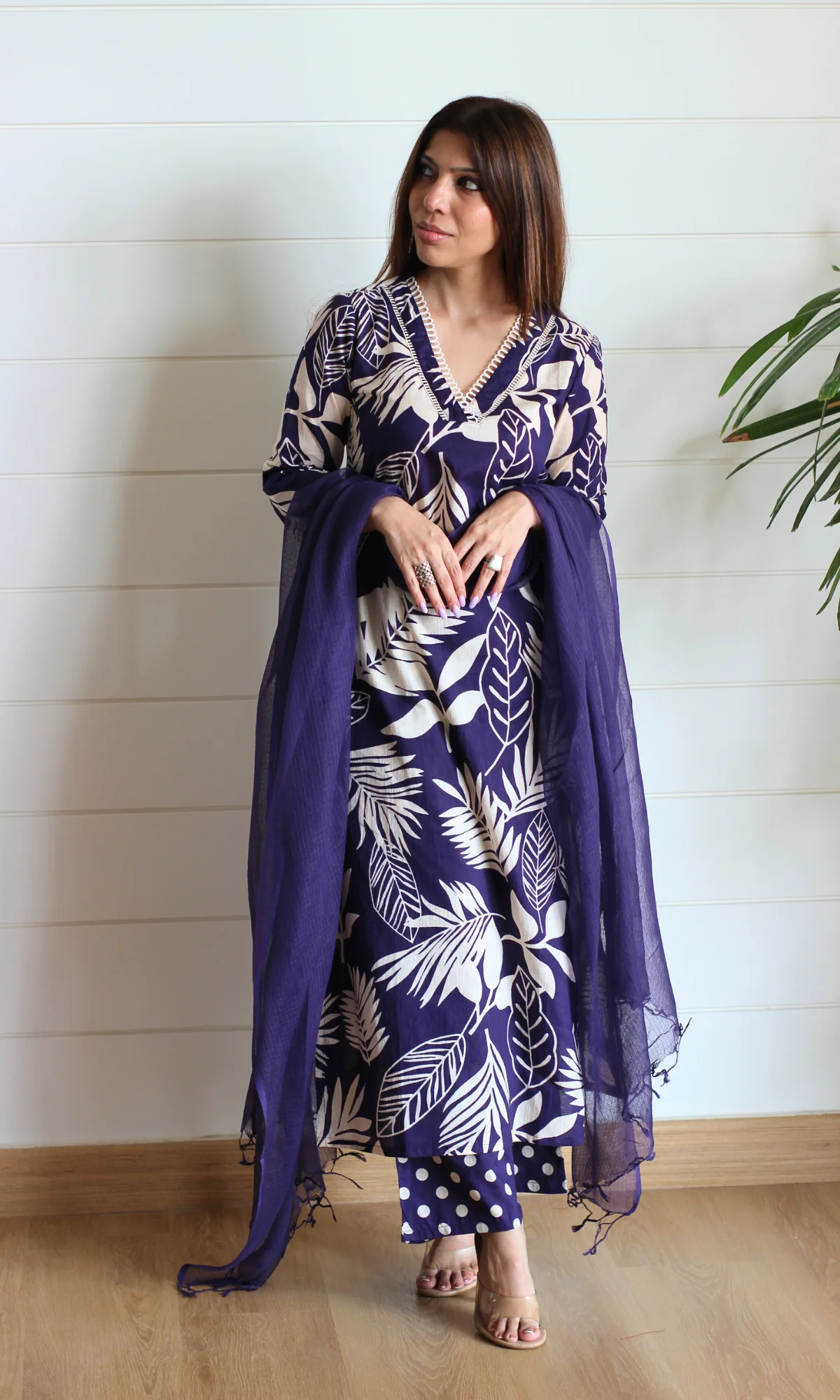Twilight Purple Big Leaf Kurta, Polka Pants & Kota Doria Dupatta - Image 3