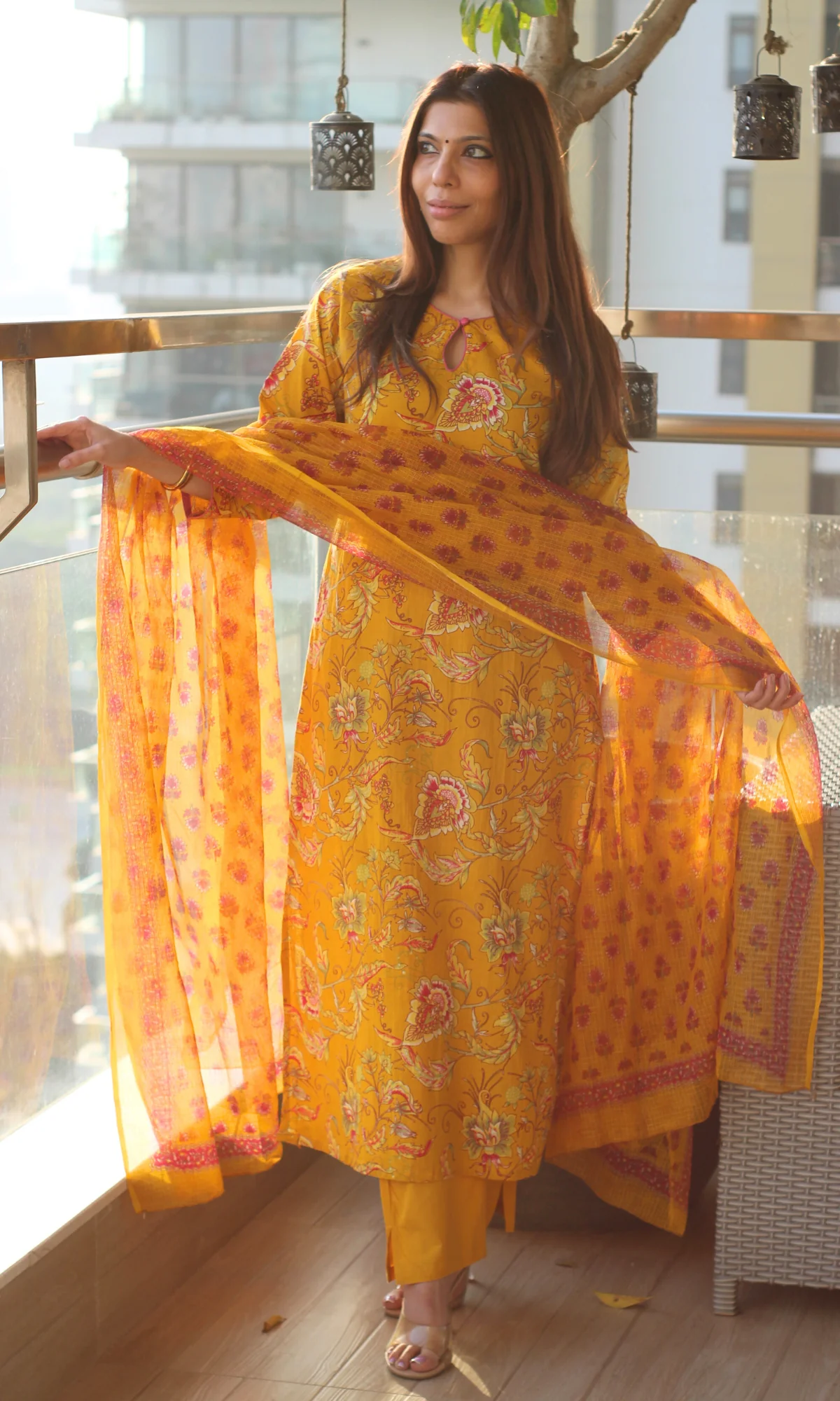 Yellow & Pink Jaal Print Cotton Kurta , Pant & Kota Doria Booti Dupatta - Image 2