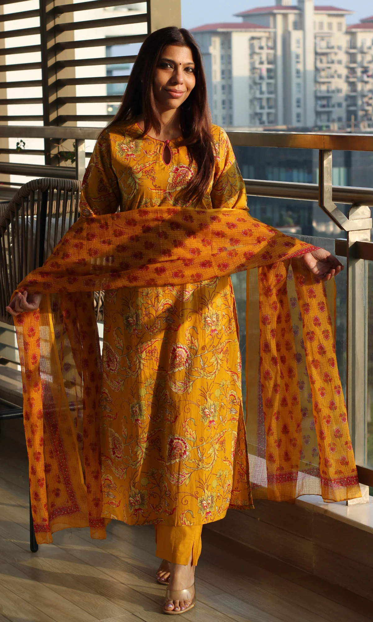 Yellow & Pink Jaal Print Cotton Kurta , Pant & Kota Doria Booti Dupatta - Image 3