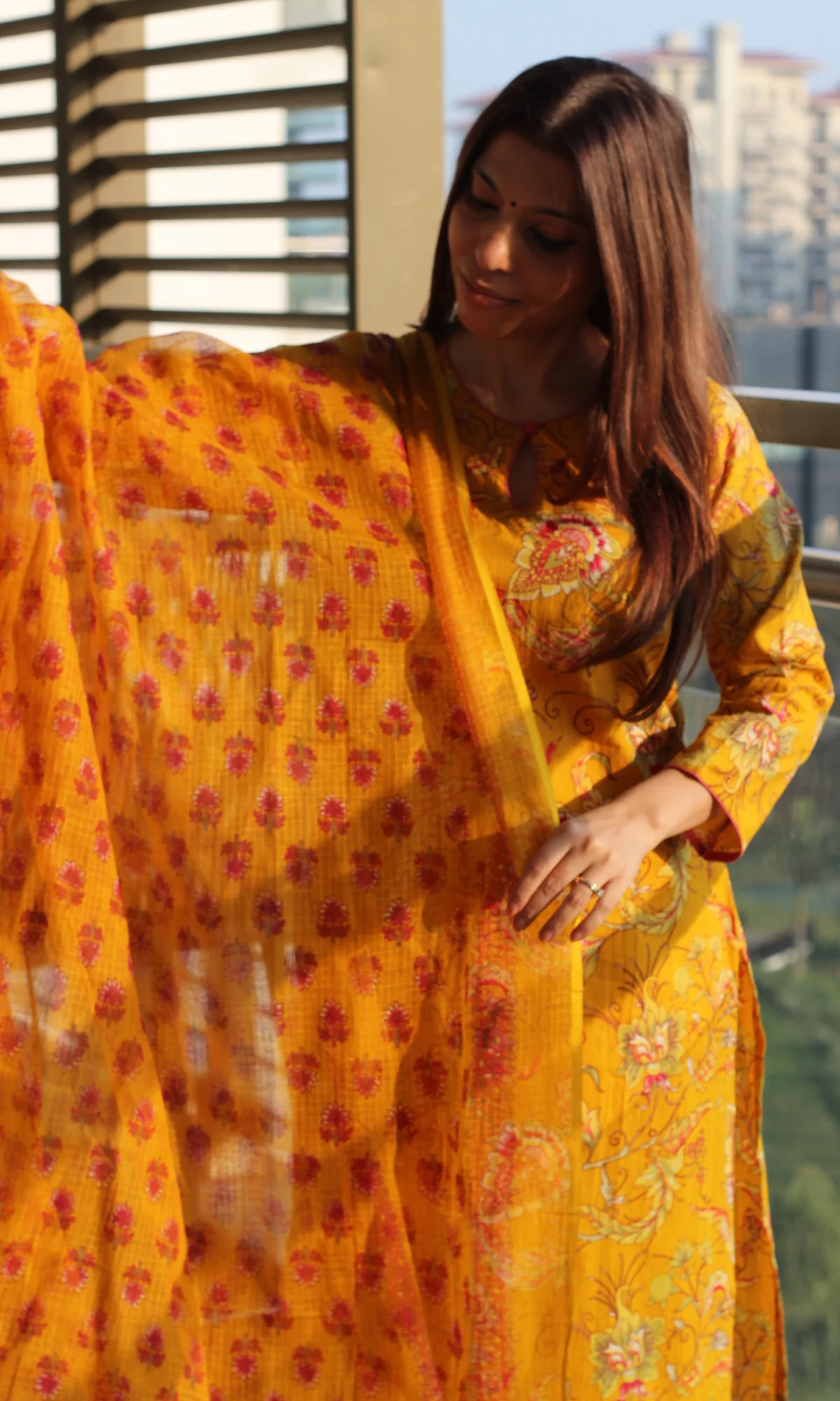 Yellow & Pink Jaal Print Cotton Kurta , Pant & Kota Doria Booti Dupatta - Image 4